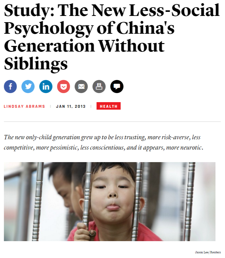 Study: The New Less-Social Psychology of China's Generation Without Siblings - The Atlantic