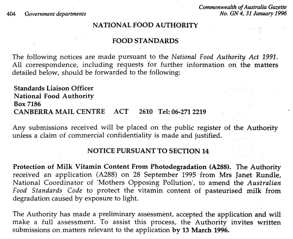 Mothers Opposing Pollution submission, National Food Authority Act 1991