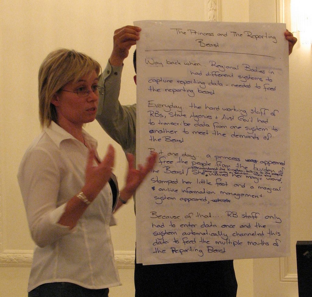 Another of the story spine stories being communicated to all workshop participants