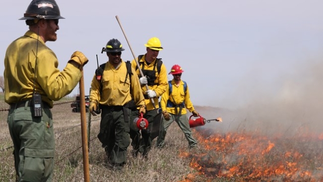 Firefighters at Knife River Indian Villages during a controlled burn