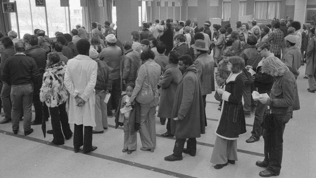 Lines of people at the offices of the Baltimore City Welfare Office, Maryland