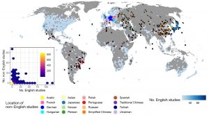 The location of 1,203 non-English-language studies testing the effectiveness of conservation interventions, compared to English-language studies