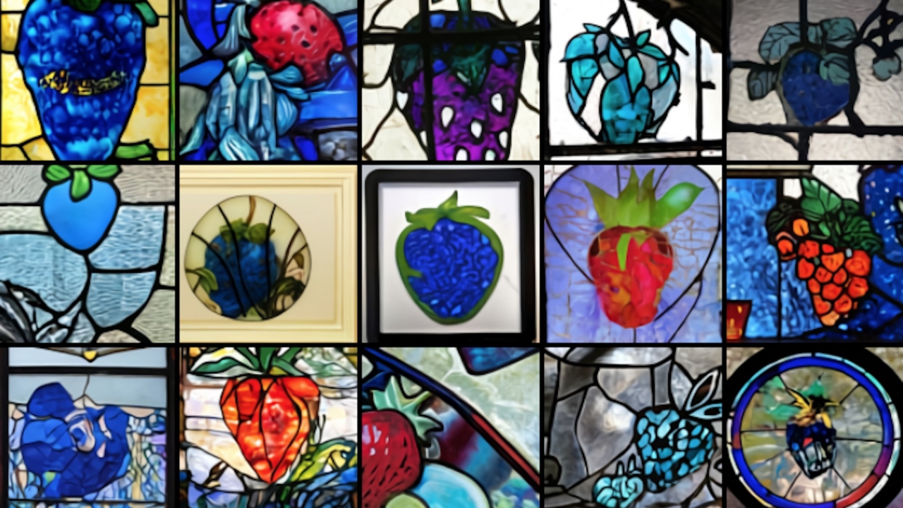 AI-generated images of “a stained glass window with an image of a blue strawberry”