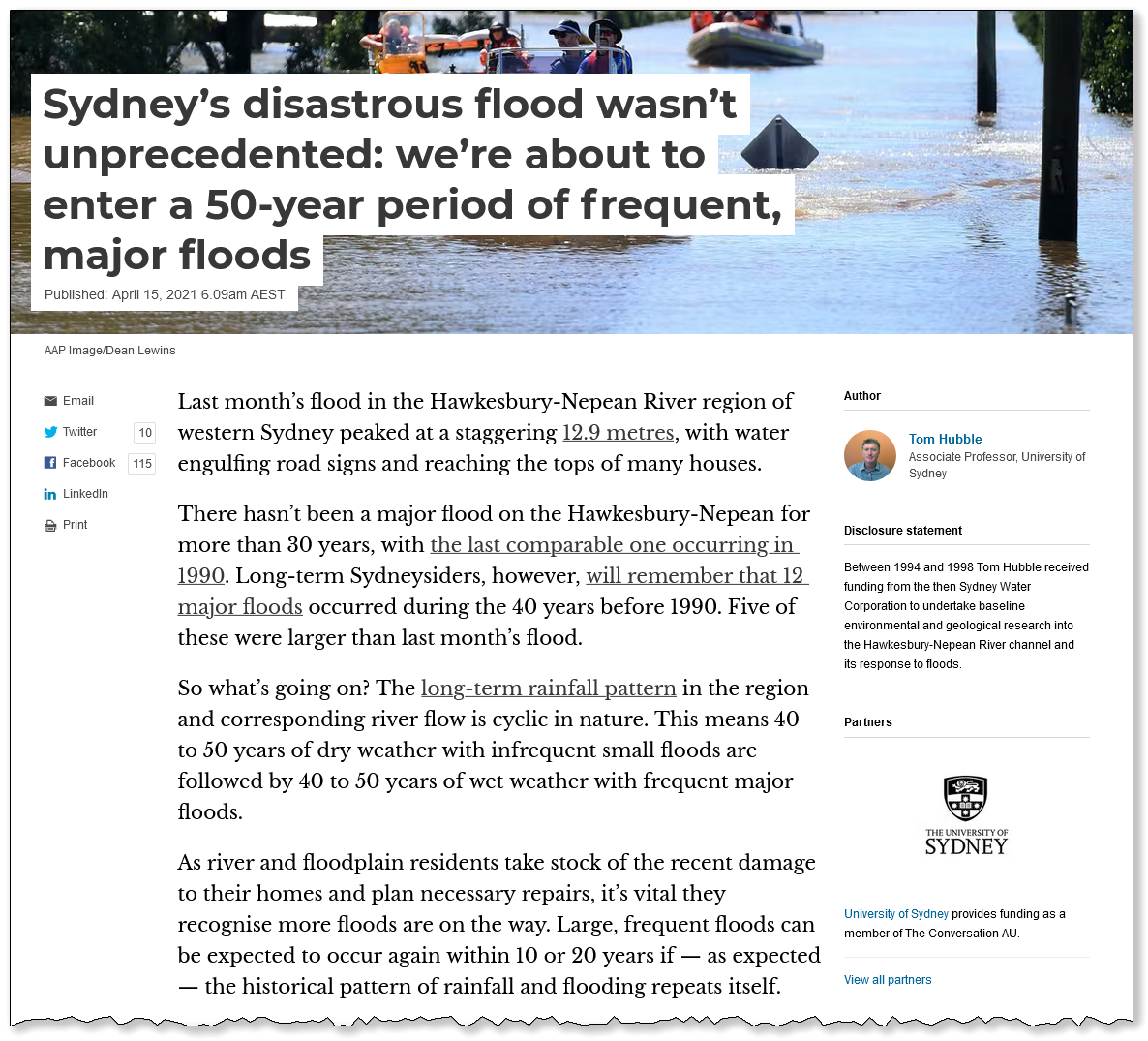 Sydney’s disastrous flood wasn’t unprecedented: we’re about to enter a 50-year period of frequent, major floods