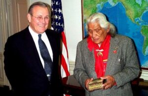 The last surviving Comanche Code Talker of World War II Charles Chibbity meets with Secretary of Defense Donald Rumsfeld during a visit to the Pentagon in Novermber, 2002.