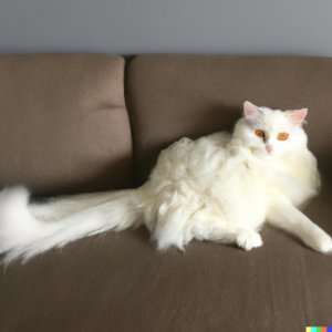 Image generated by Dall-E 2 using the prompt: ‘a fluffy white cat with a poofy tail and orange eyes lounging on a grey sofa’.