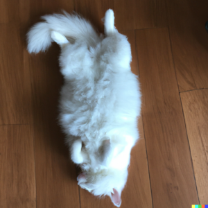 Image generated by Dall-E 2 using the prompt: ‘a fluffy white cat with a poofy tail sleeping on its back on a hardwood floor’.