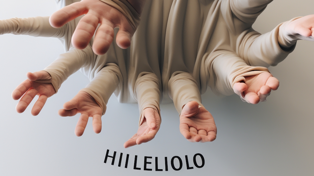 AI image produced using the prompt ‘hyper-realistic ten hands on a picture with text saying hello’.