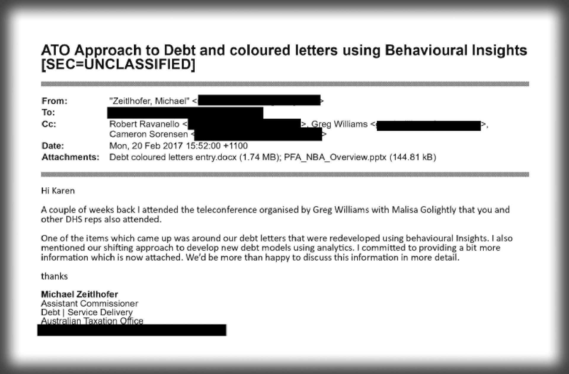 An email about redeveloping debt letters using ‘behavioural insights’.