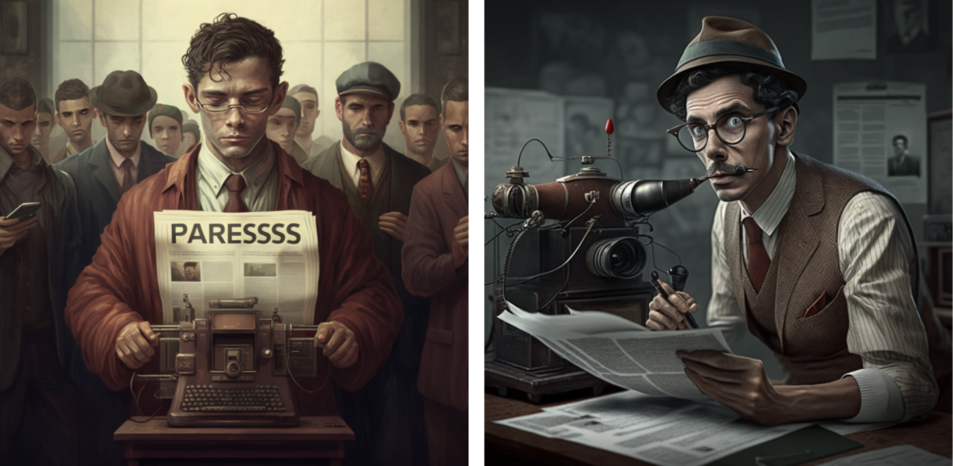 AI used anachronistic technology, including vintage cameras, typewriters and printing presses, when depicting certain occupations such as the press (left) and journalist (right)