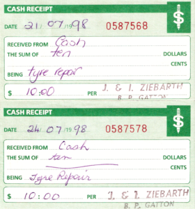 Receipts for repair of spiked car tyres early in the Sustainable Management of the Helidon Hills project