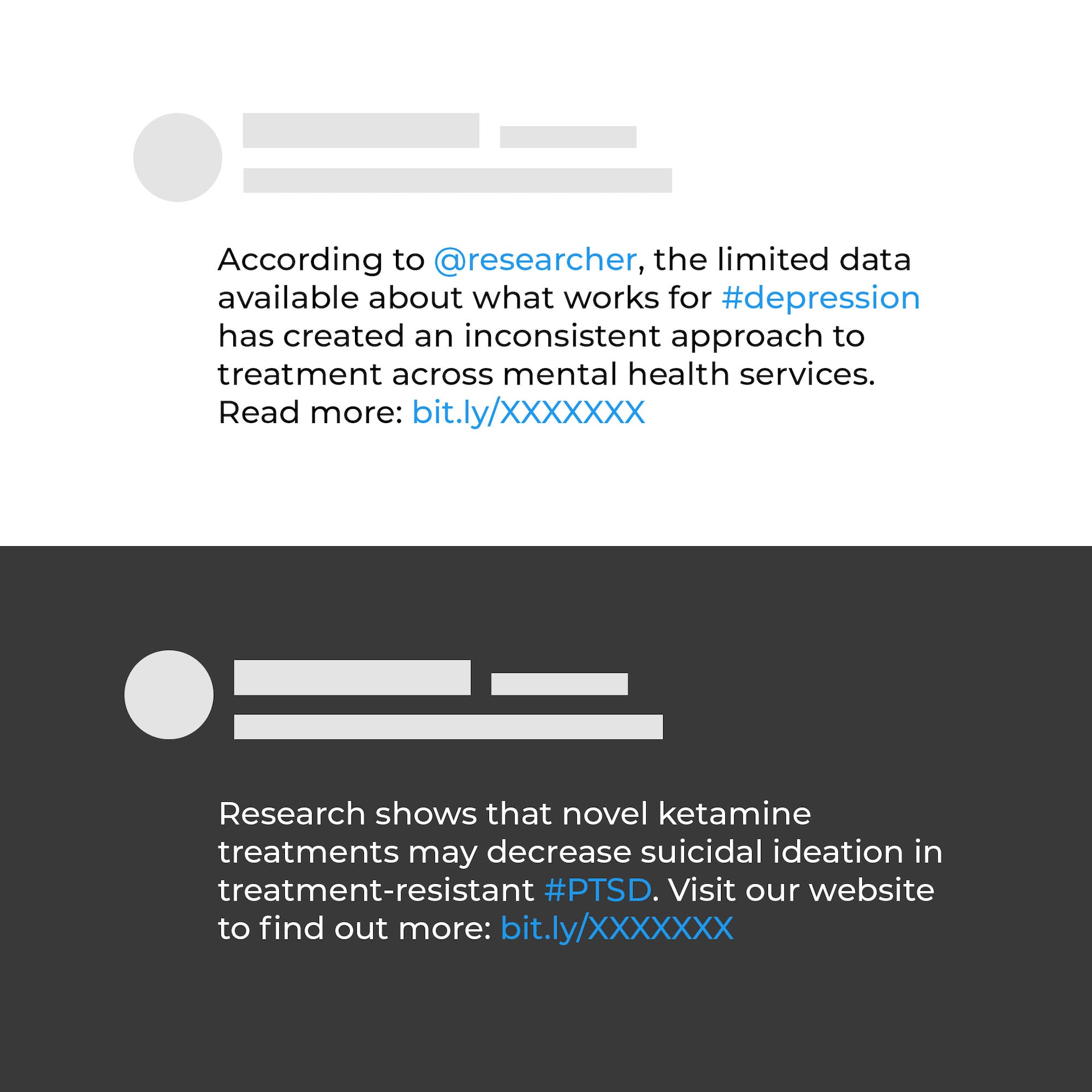 Additional examples of fake X posts on mental health research where the evidence-basis of the information is not clearly communicated in the post.