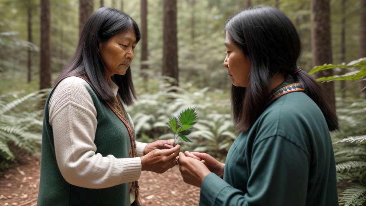 Indigenous people holding and looking at the leaves of a plant in a forest.